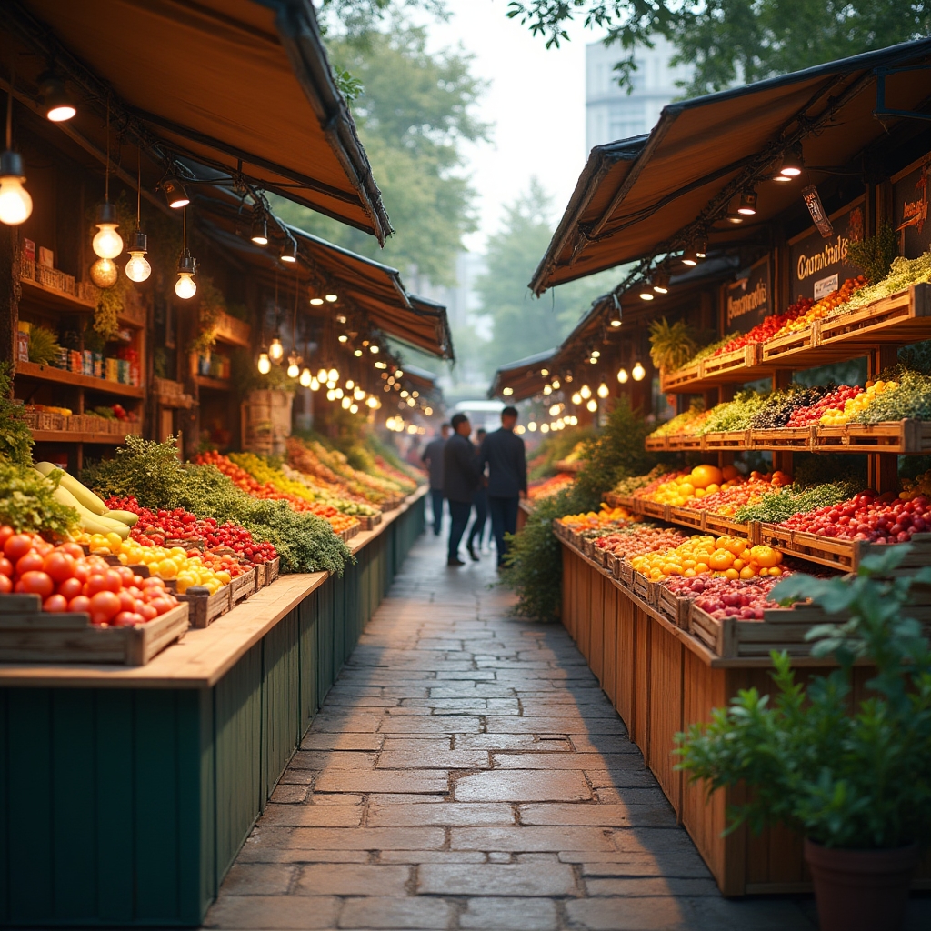 Two side-by-side views of a farmers market booth — one with flat layout and one with tiered wooden crate display