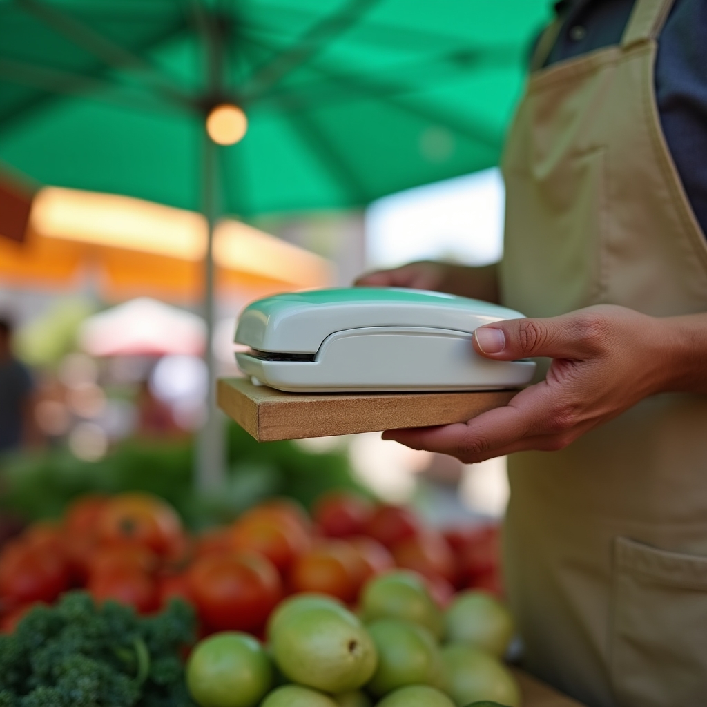 A small card reader mounted on a wooden stand at an outdoor market booth with a vendor processing a payment