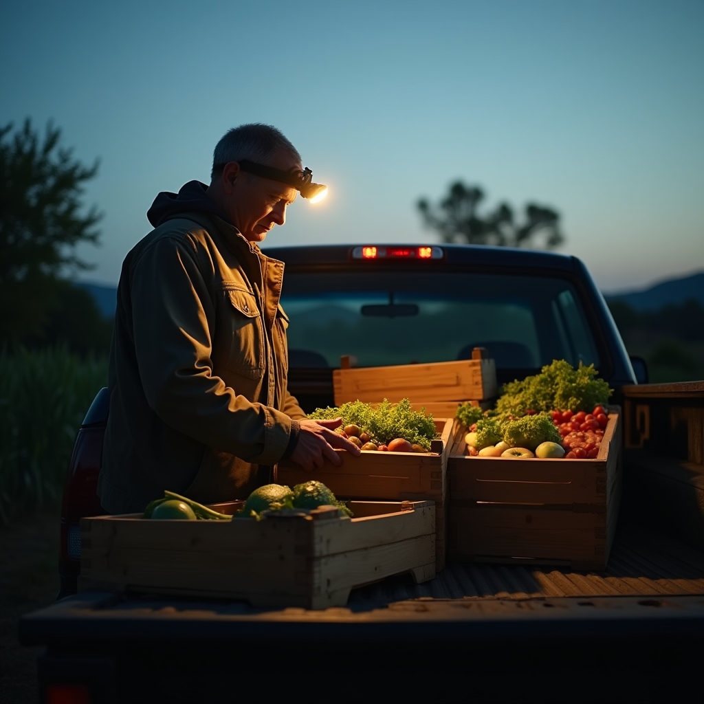 A grower loading produce bins into a truck before dawn with a headlamp, preparing for a farmers market