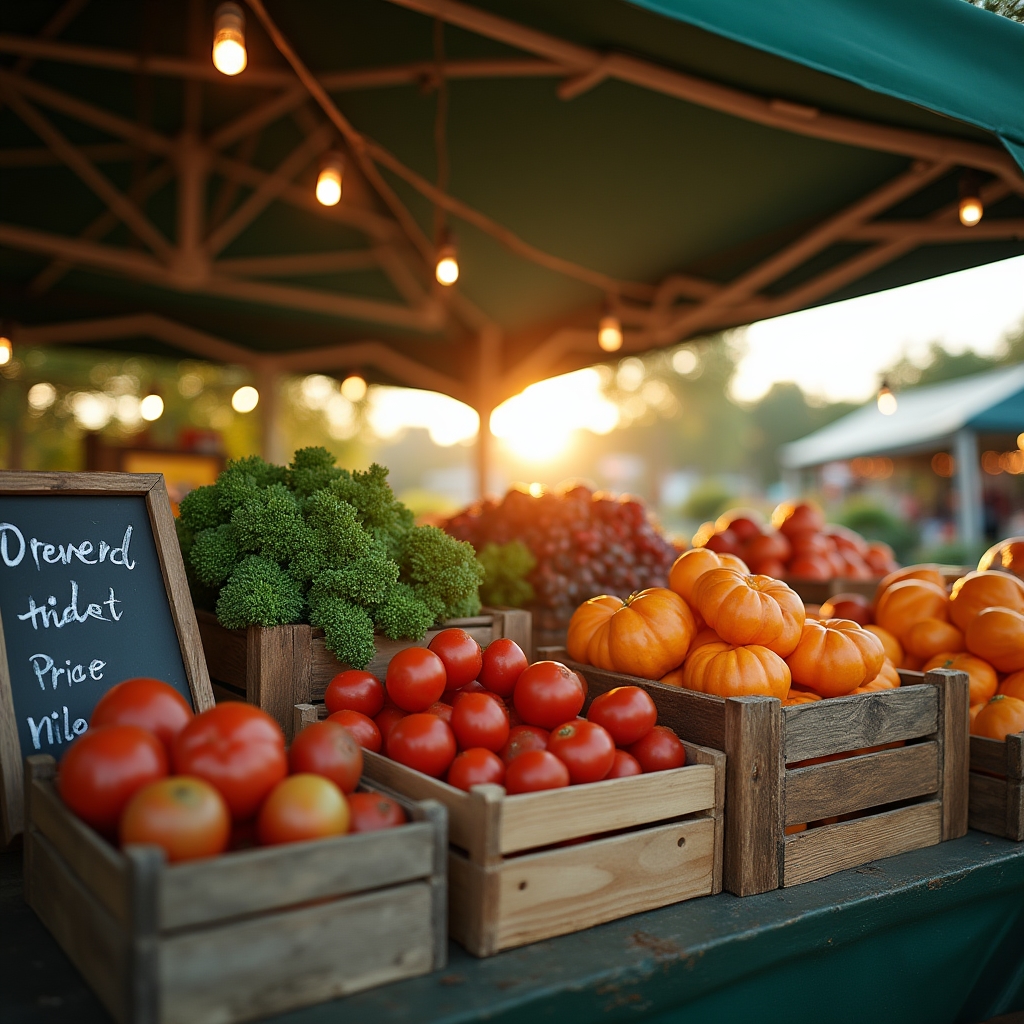A well-organized farmers market booth with produce displayed at varied heights under a canopy