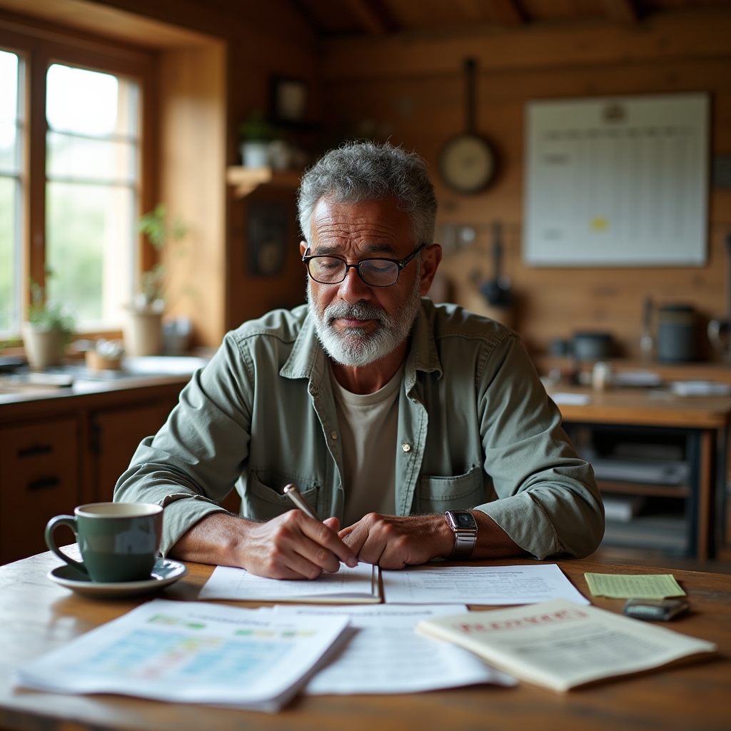 A farmer in his 50s reviewing notes and a calendar at a kitchen table surrounded by seed catalogs and market paperwork